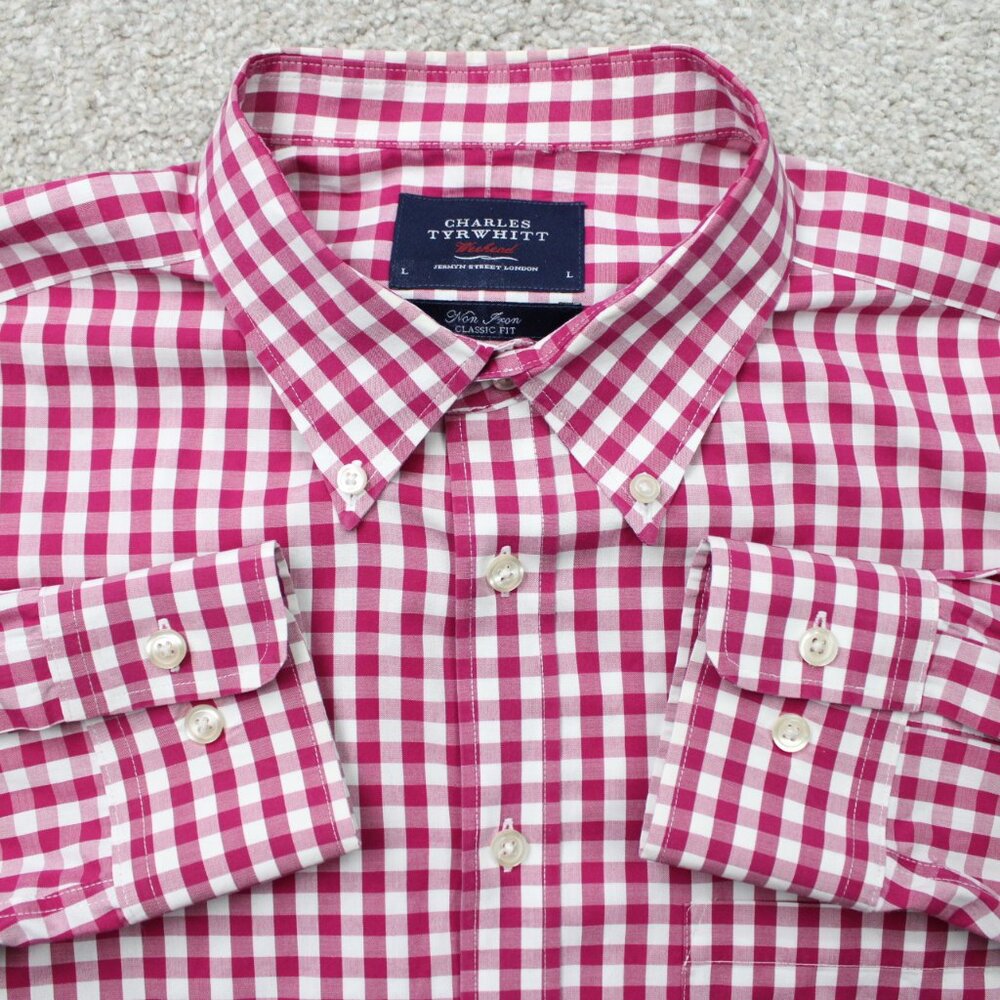 Charles Tyrwhitt Weekend Shirt Mens Large Pink/White Non-Iron Classic Fit L/S‎